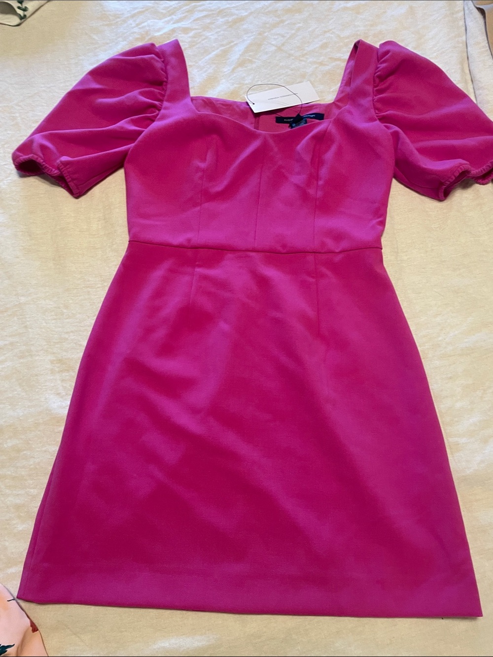 French Connection Bright Fuchsia Square Neck Puff Sleeve Dress